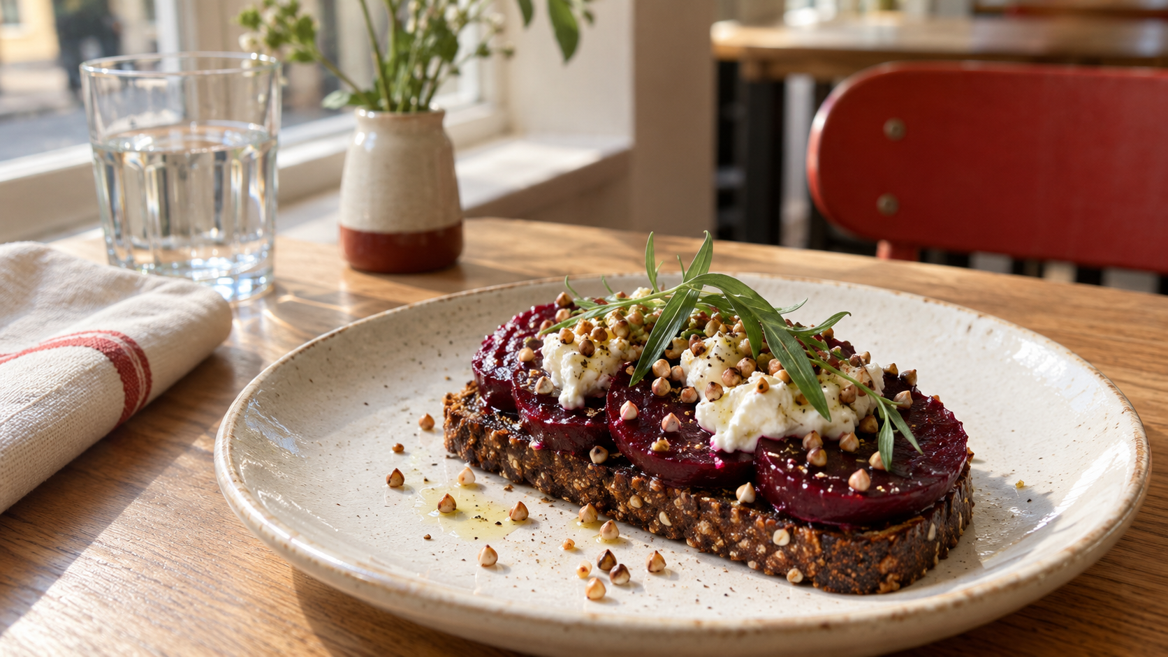 A Danish open sandwich with beetroot, soft cheese, buckwheat and tarragon on rye bread at a daylight lunch table
