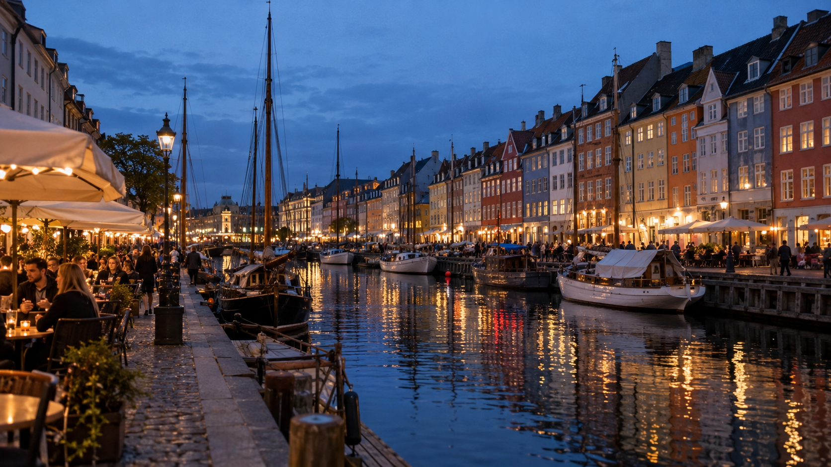 A view along the Nyhavn canal at evening with colourful gabled houses and outdoor restaurant tables, no readable signage