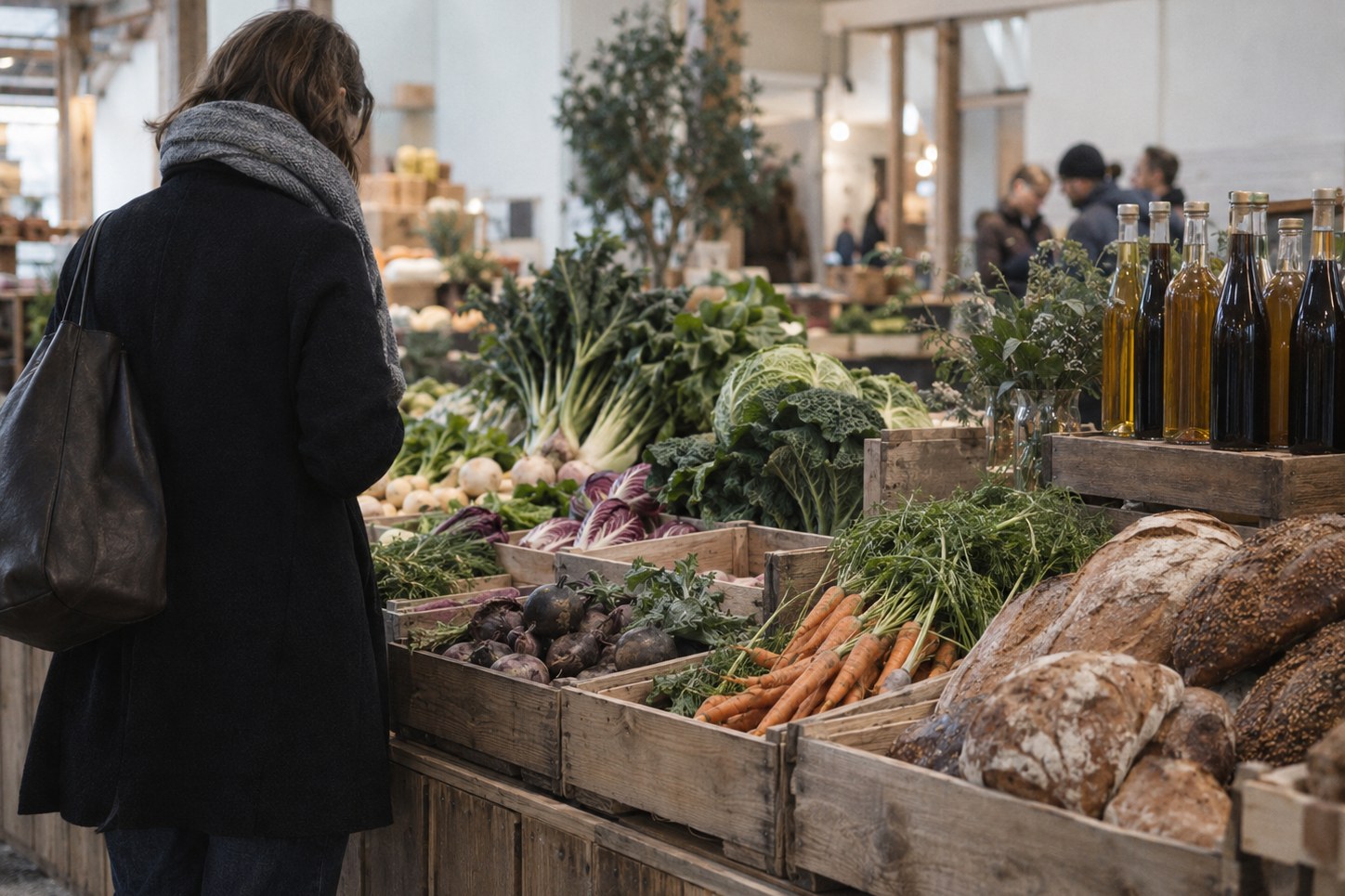 A market hall counter stacked with Nordic produce, bread and drinks, with room to stand and share