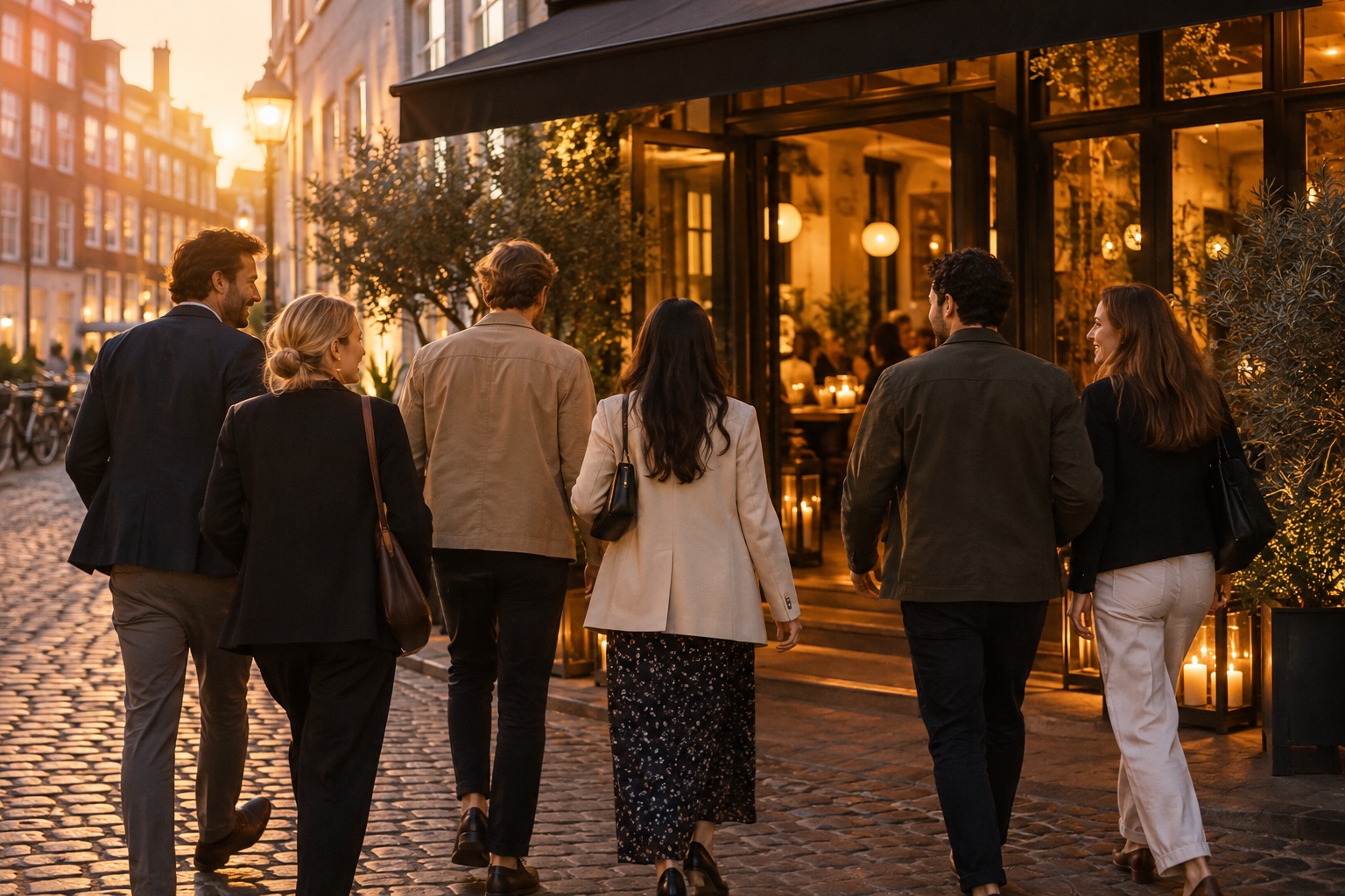 Six adult friends walking together toward a warmly lit restaurant entrance on a Copenhagen street at dusk