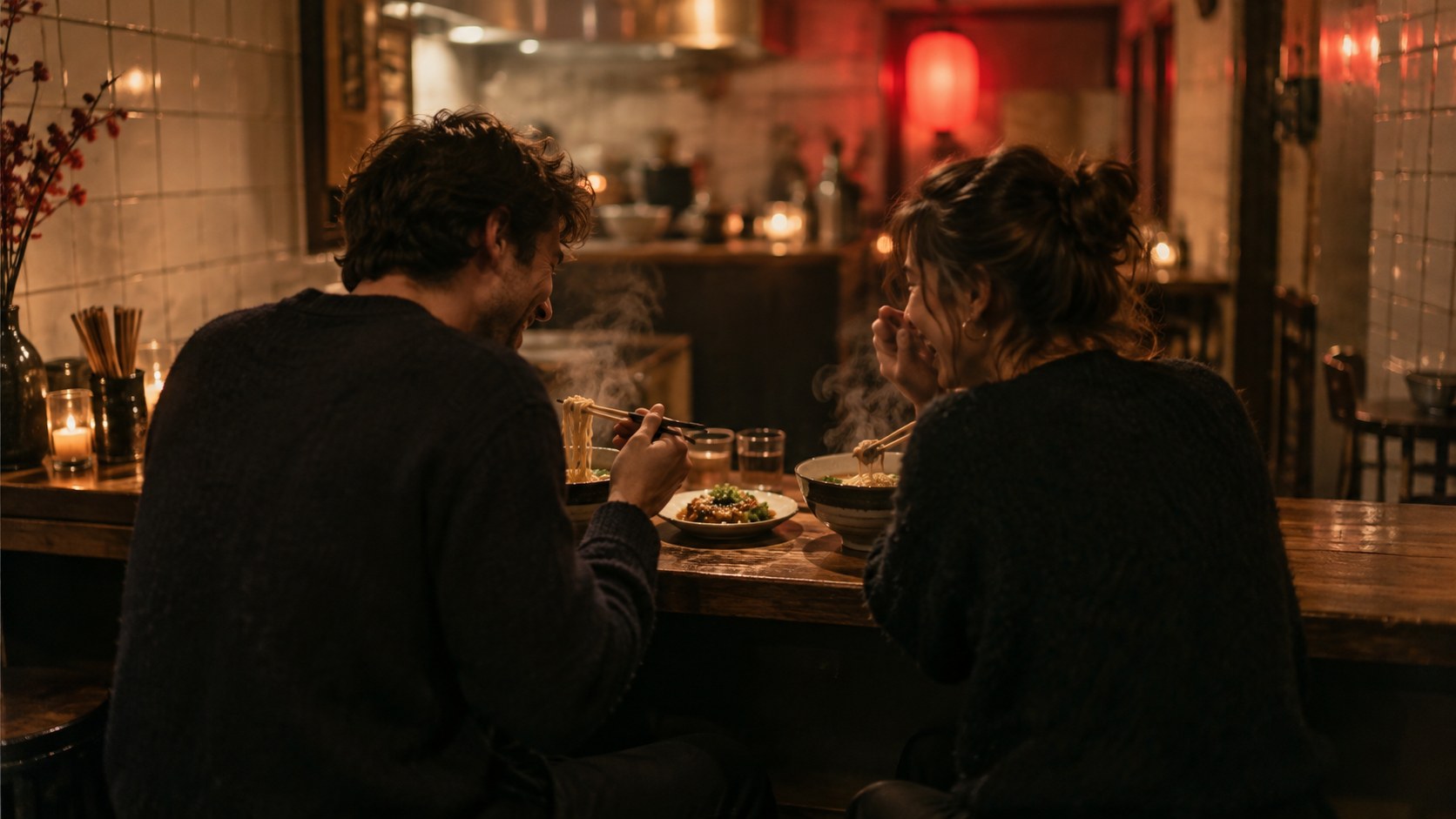 Two friends laughing over steaming noodle bowls and a shared small plate at a candlelit restaurant counter in the evening