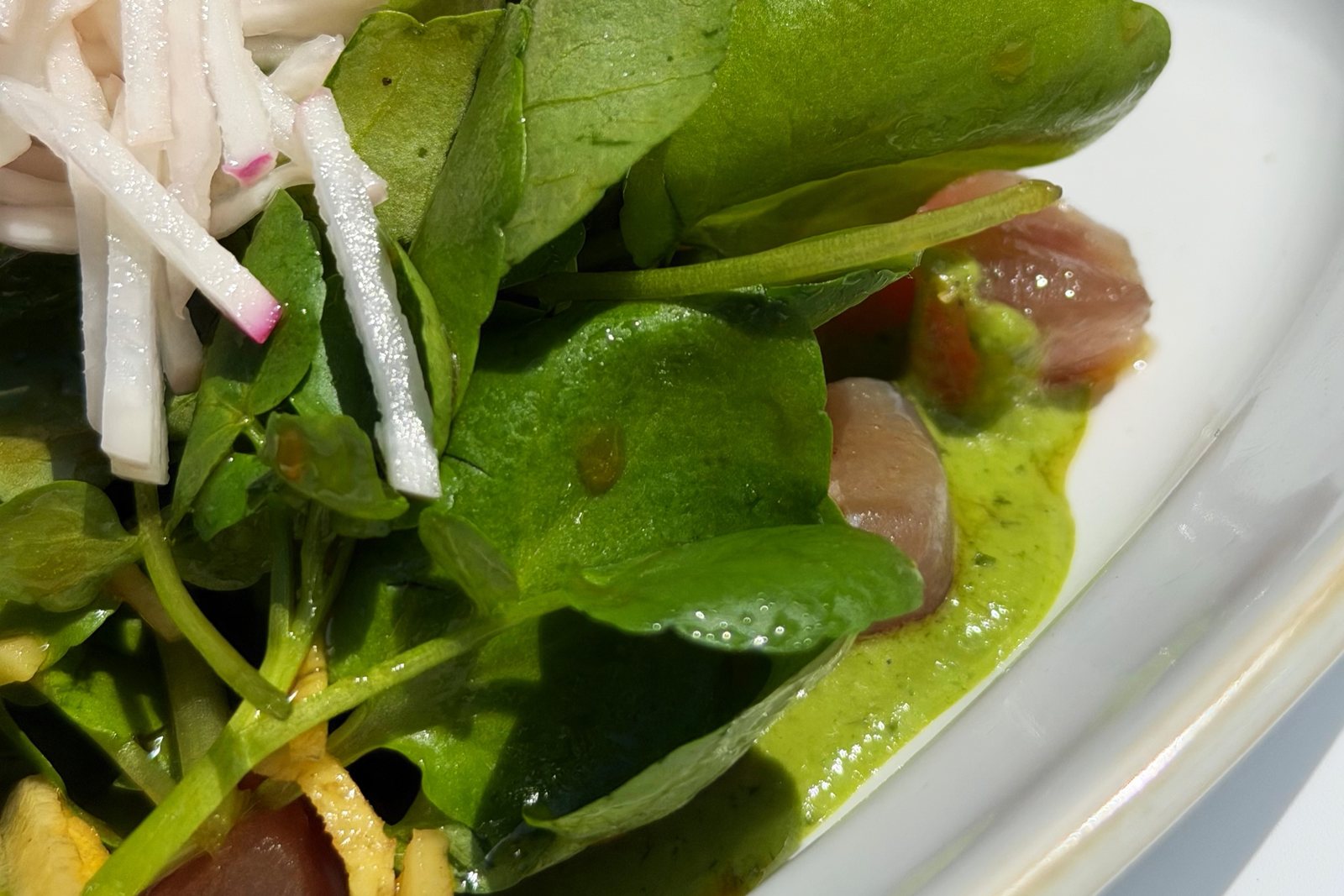 A seasonal small plate at Slurp Borgergade: cured fish with watercress and pickled turnip