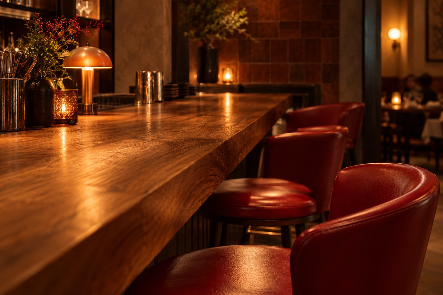 A warm wooden restaurant counter with red bar stools and low evening lighting
