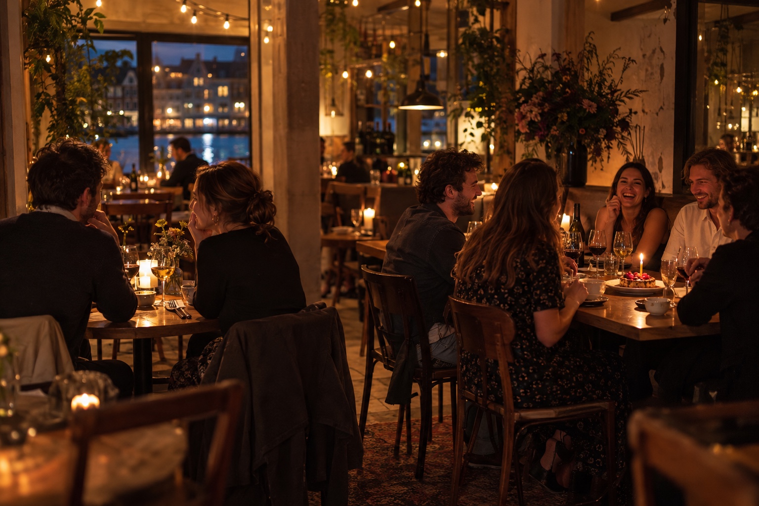 An intimate two-person table and a larger adult birthday table sharing the same warm Copenhagen room