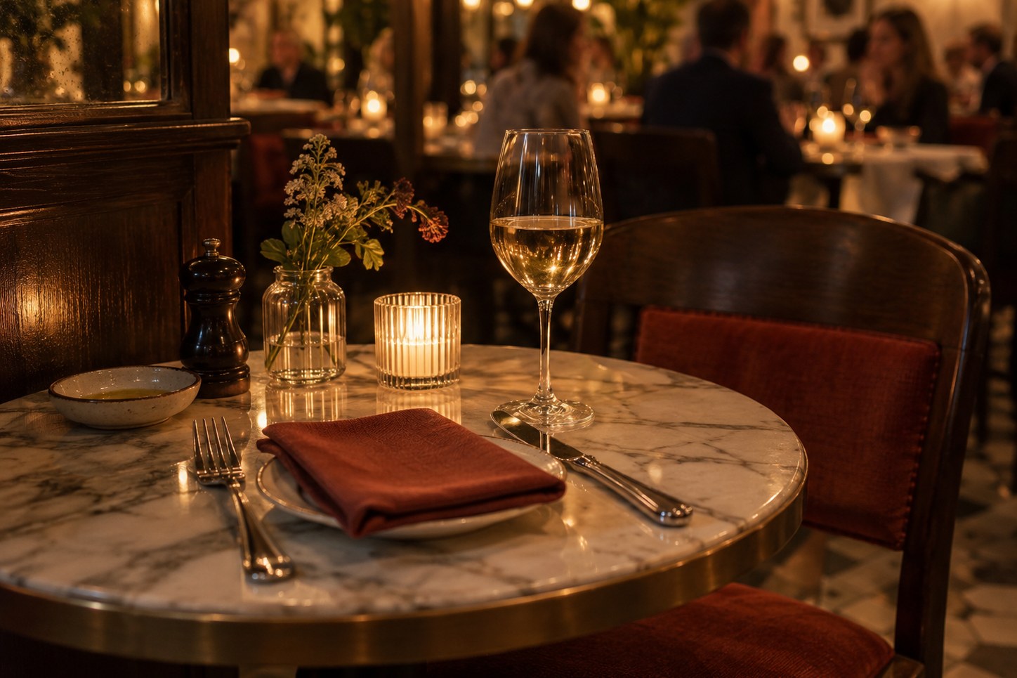 A small marble-topped table set for dinner in a warm, upscale Copenhagen dining room, no identifiable venue signage