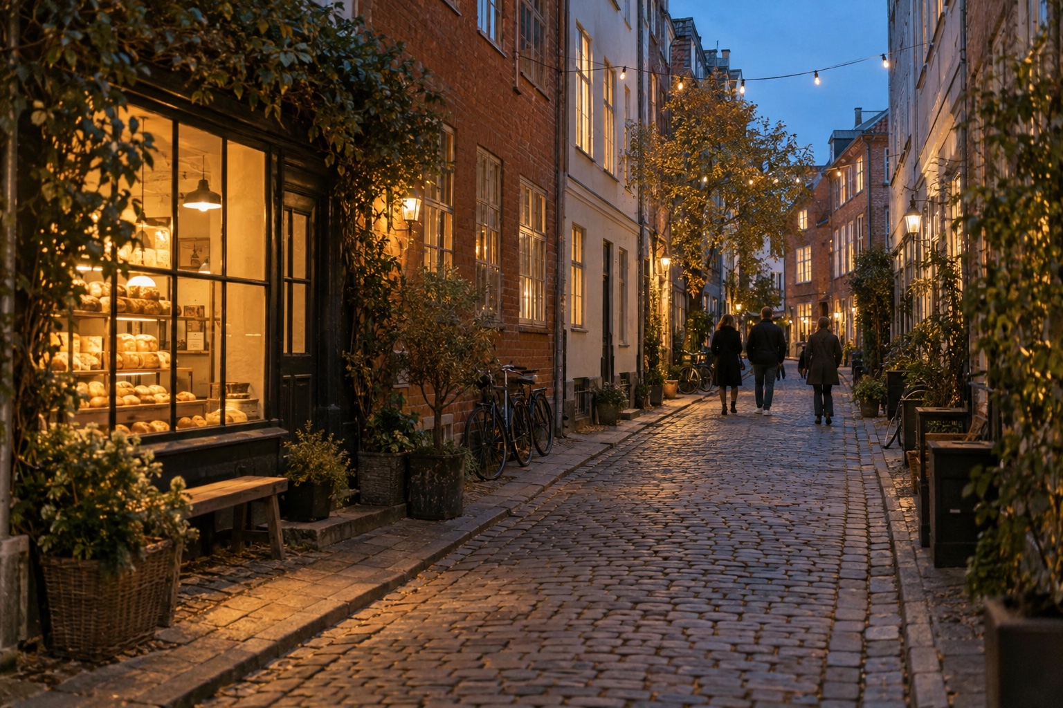 A quiet Copenhagen side street with a lit bakery window, cobblestones and pedestrians walking inland from the harbour