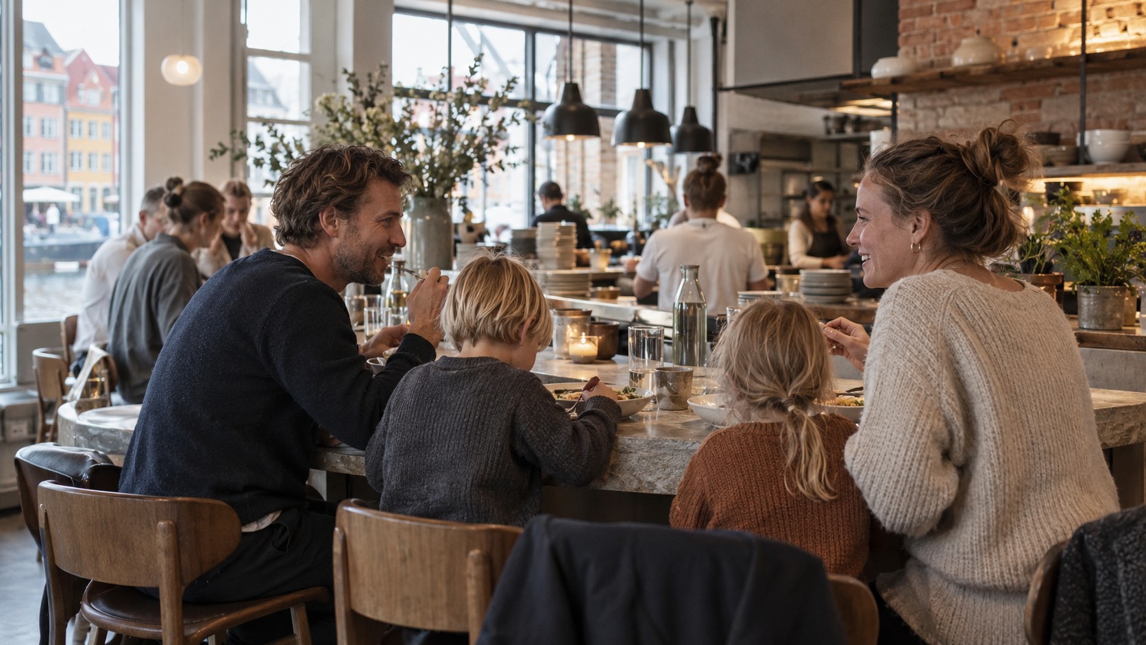 A family sitting together at a casual restaurant counter in Copenhagen