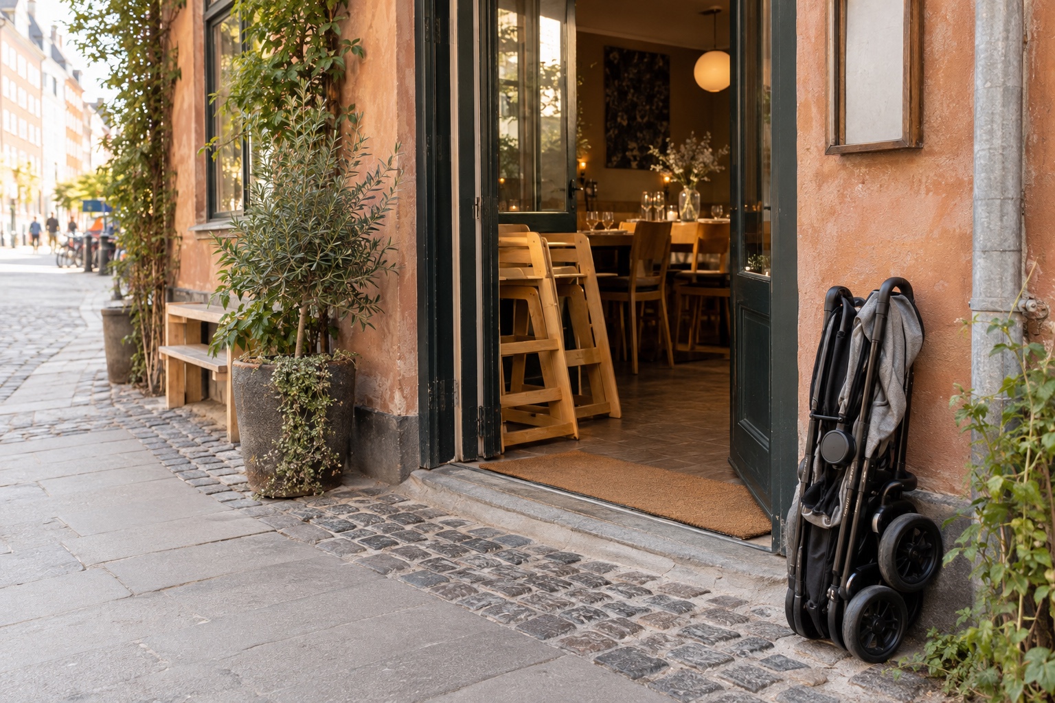 A folded pram and stacked wooden high chairs by the entrance of an unbranded Copenhagen restaurant