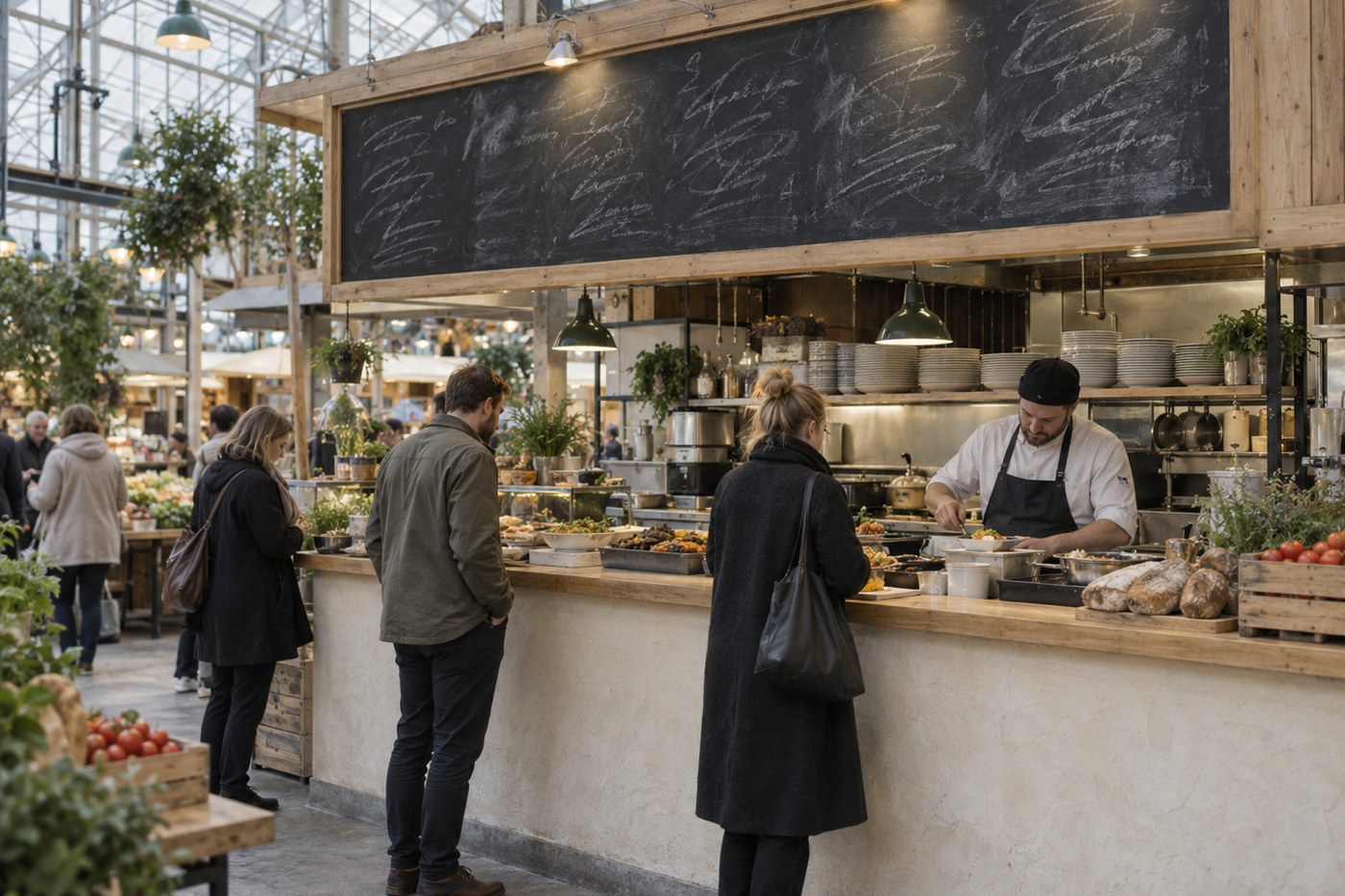 A busy market food counter with a daily blackboard menu and dishes laid out to choose from