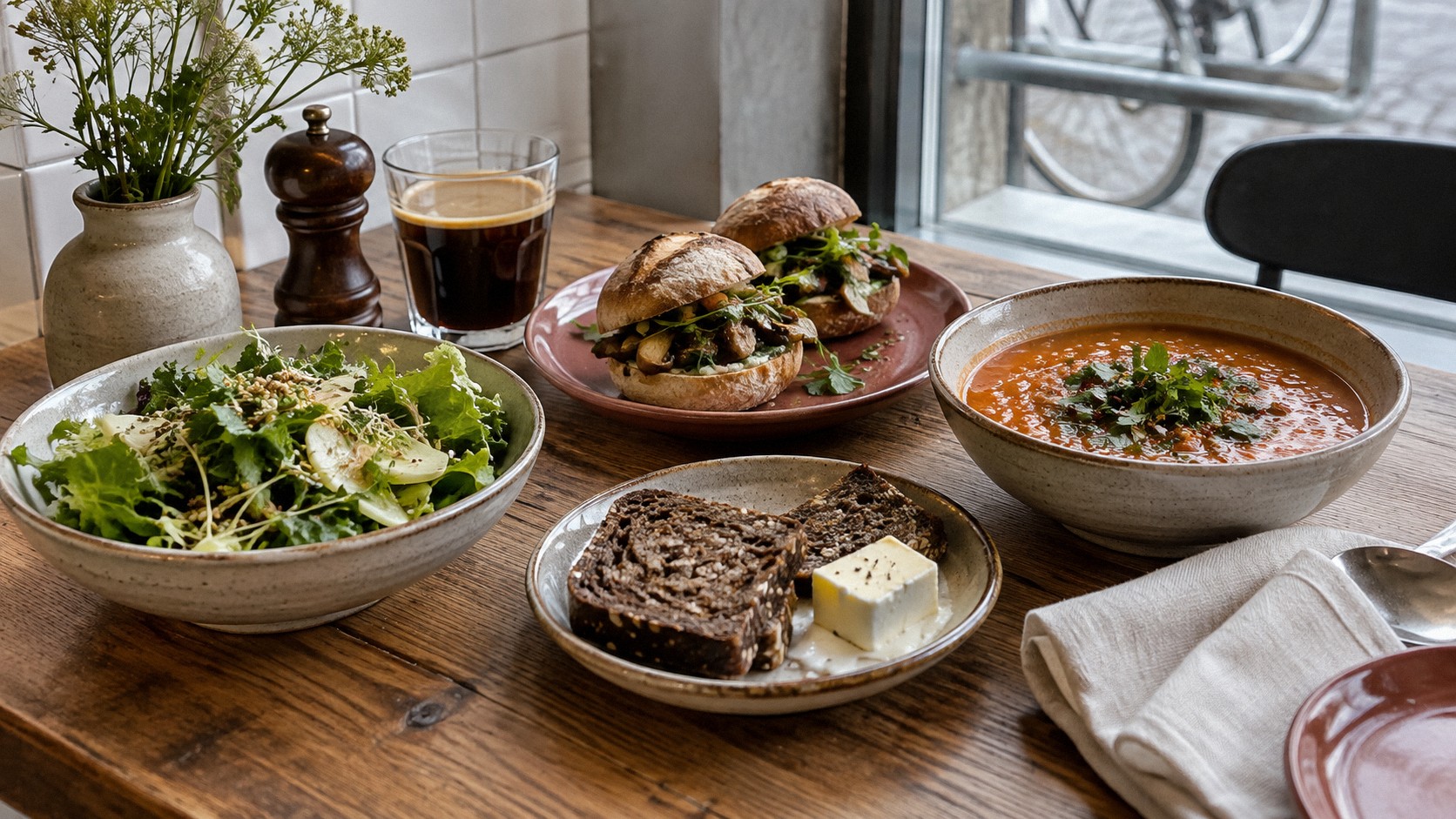 A cafe table by a window set with soup, mushroom buns, a green salad and rye bread with butter