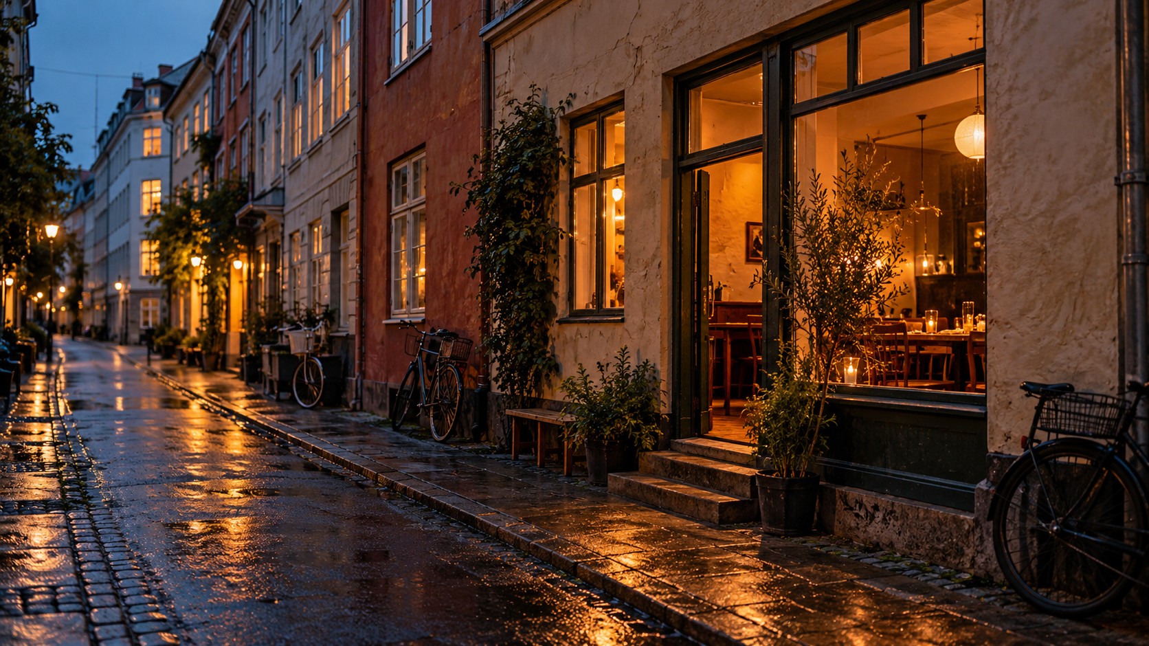 A narrow Copenhagen street at blue dusk, with bicycles and warm light from an unbranded restaurant window