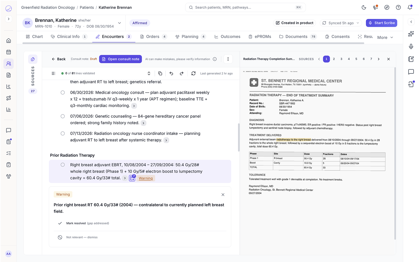 Lumonus consult note editor: the History of Present Illness drafted from the chart with a source document open beside it and a prior radiation therapy warning