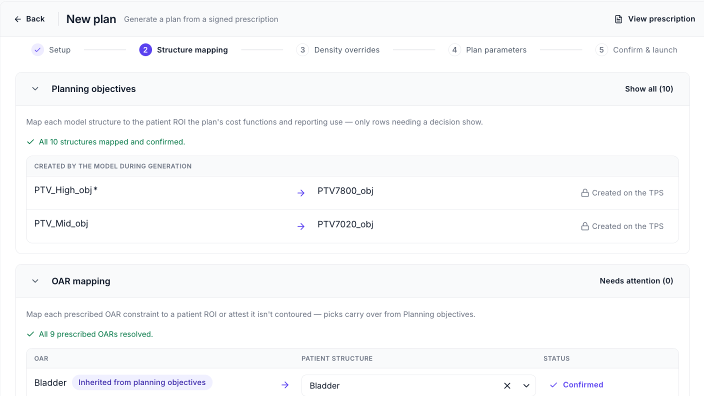 Lumonus new plan wizard: structure mapping with planning objectives and organ at risk mapping confirmed