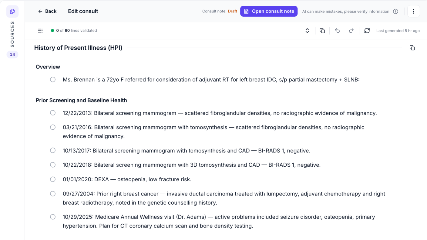 Lumonus consult note editor: the History of Present Illness and prior screening history drafted from the patient chart, each line ready to validate