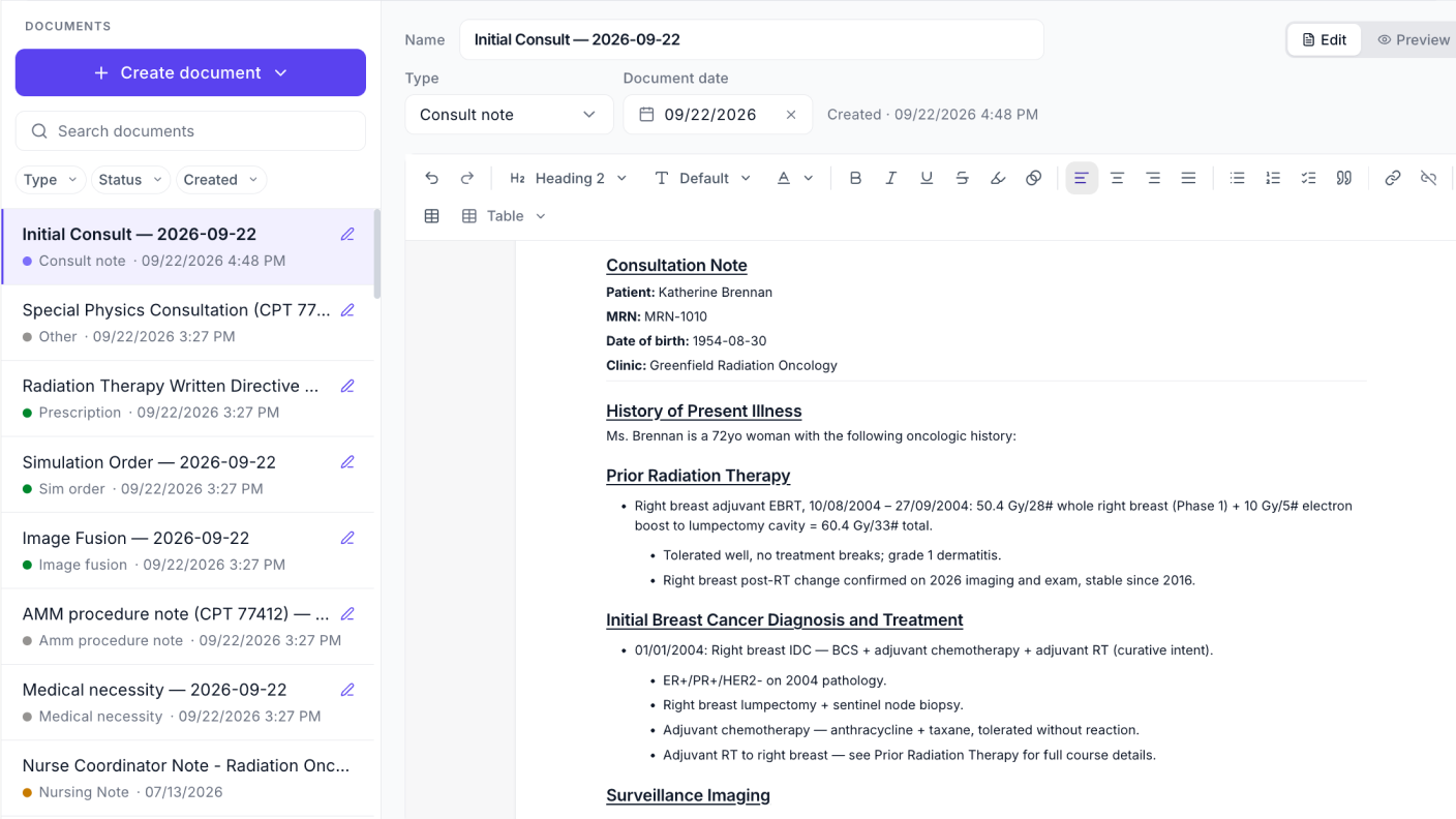 Lumonus documents workspace: consultation note, prescription, simulation order and other documents generated through the workflow