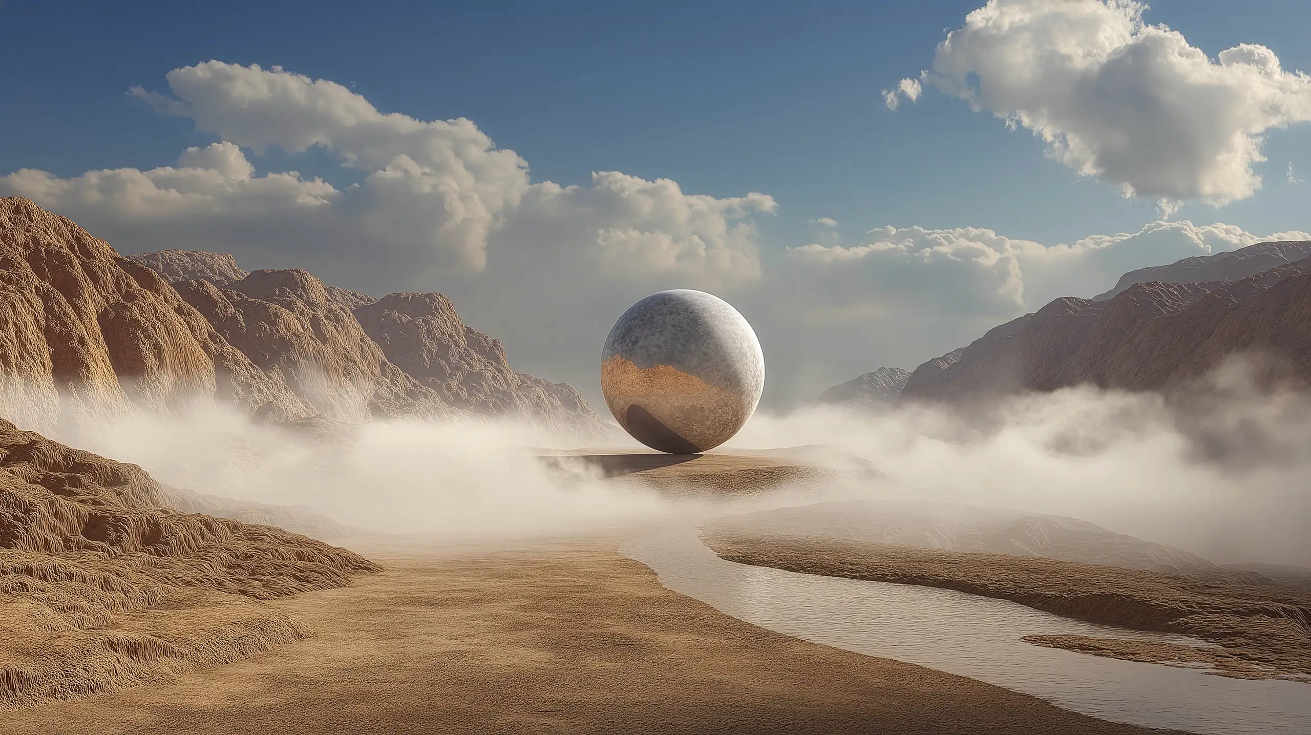Large reflective sphere balanced on a sandy plateau surrounded by mist and rocky desert mountains under a cloudy sky.