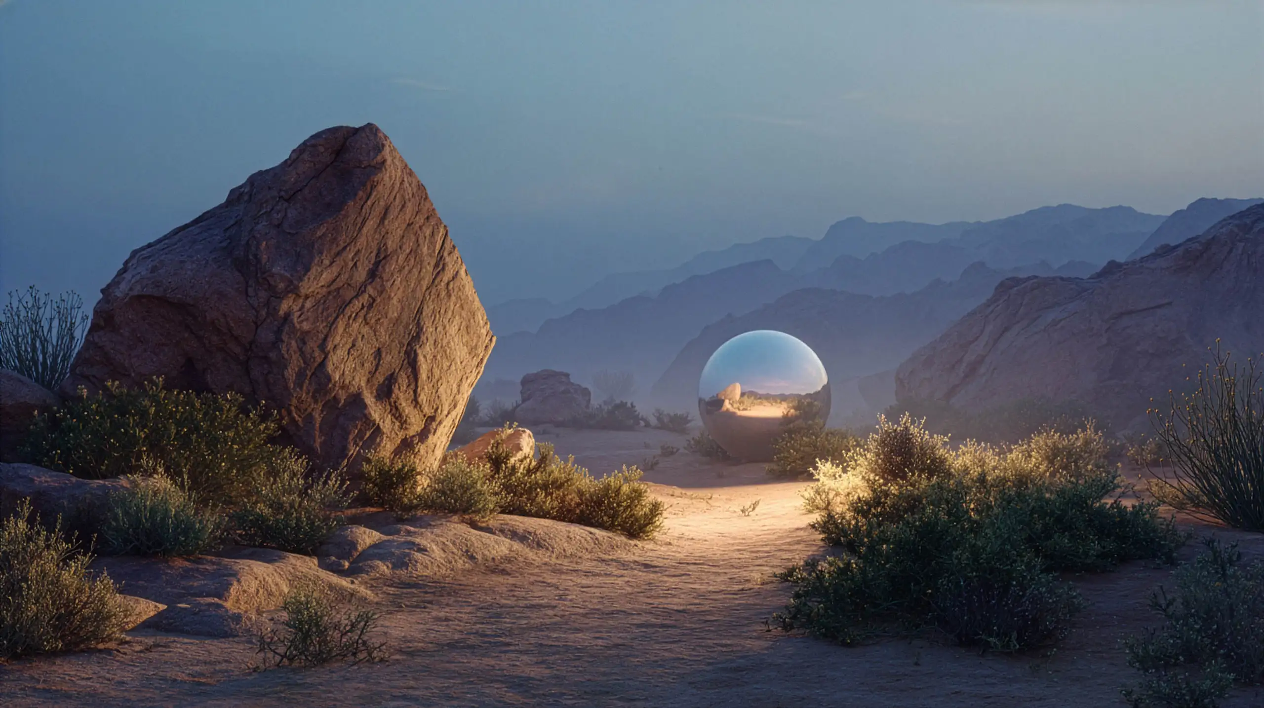 Reflective metallic sphere placed on a desert path surrounded by rocks and shrubs at dusk with mountains in the background.