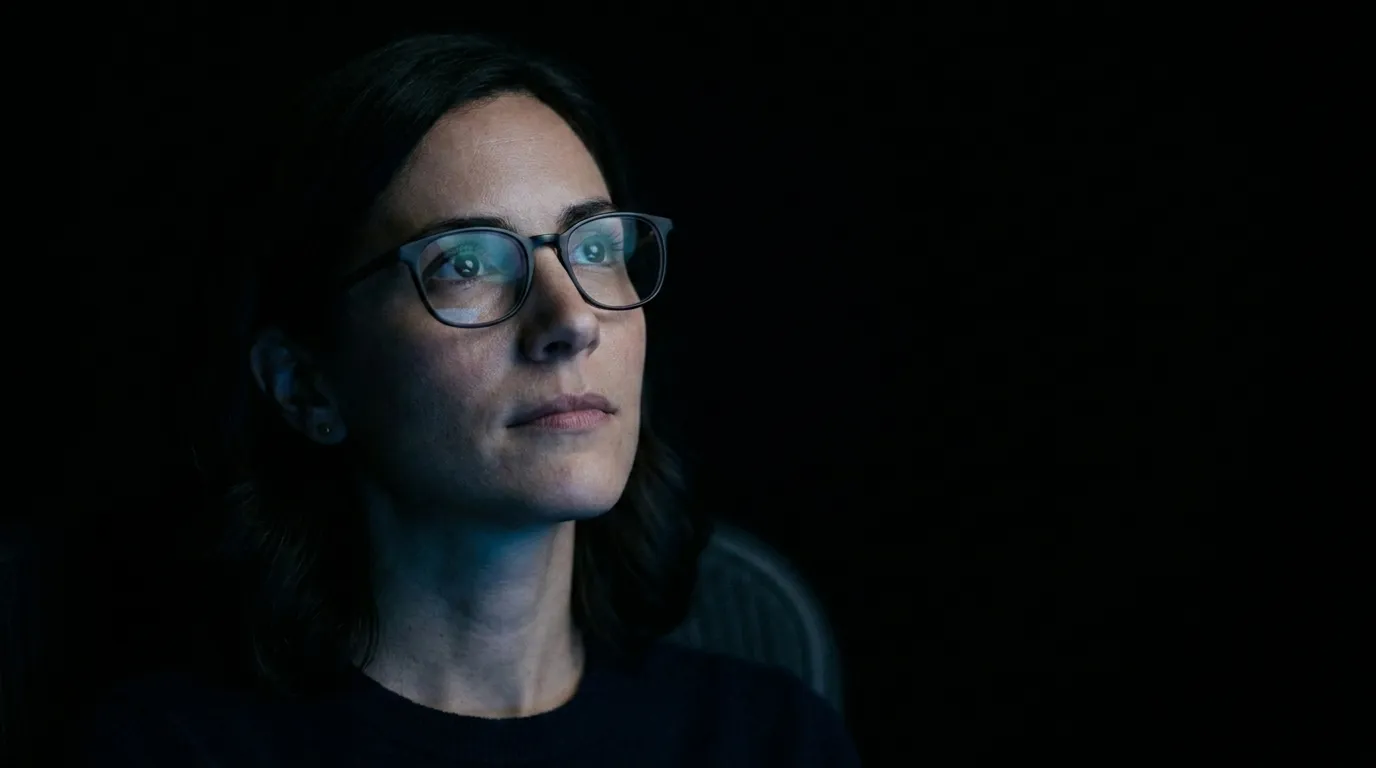 Portrait of a woman wearing glasses, lit against a dark background.