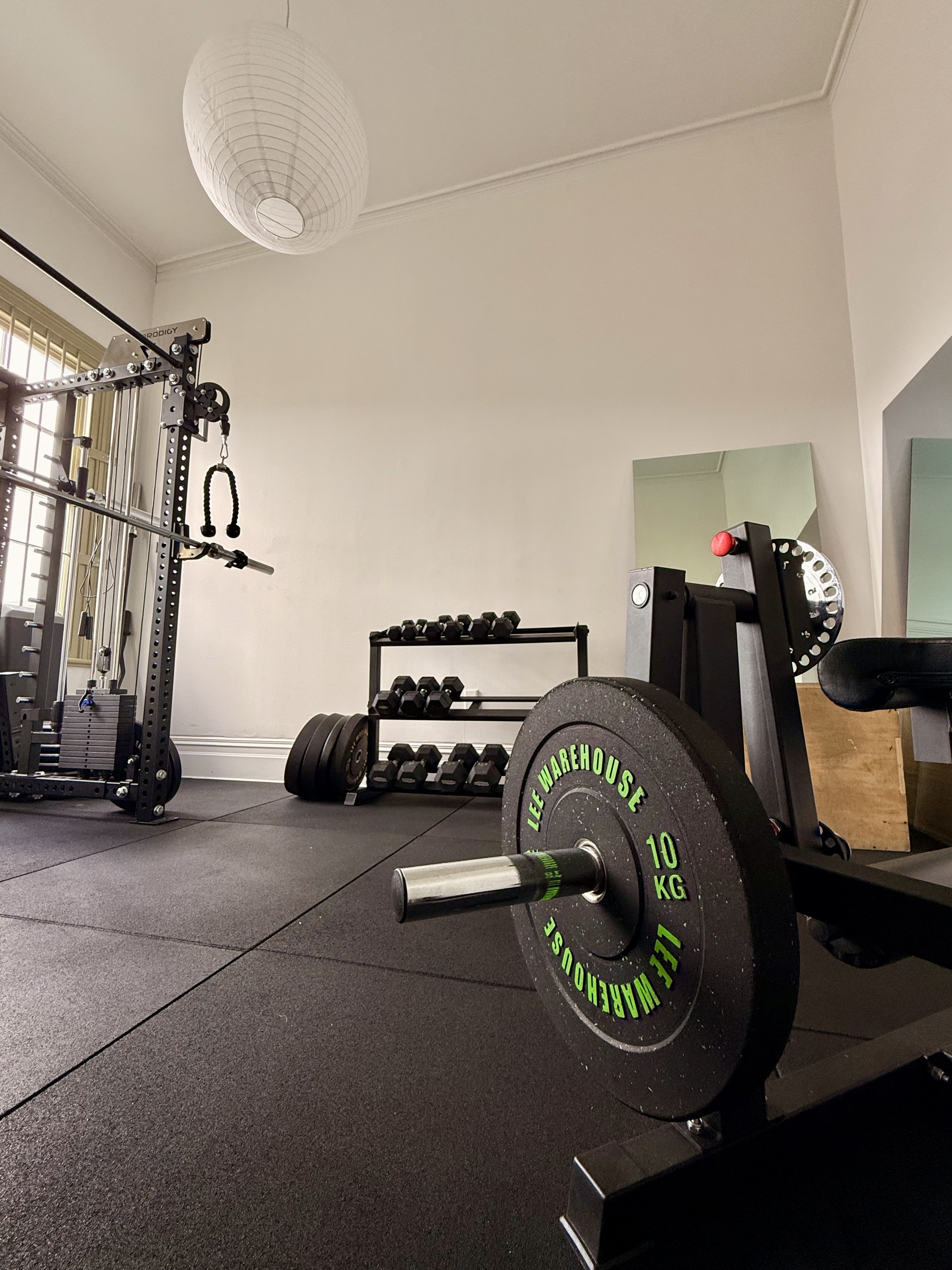 A room with training equipment, a loarge weight plate with green writing in the foreground.