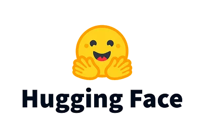 Yellow smiling emoji face with open arms appearing to give a hug above the text 'Hugging Face'.