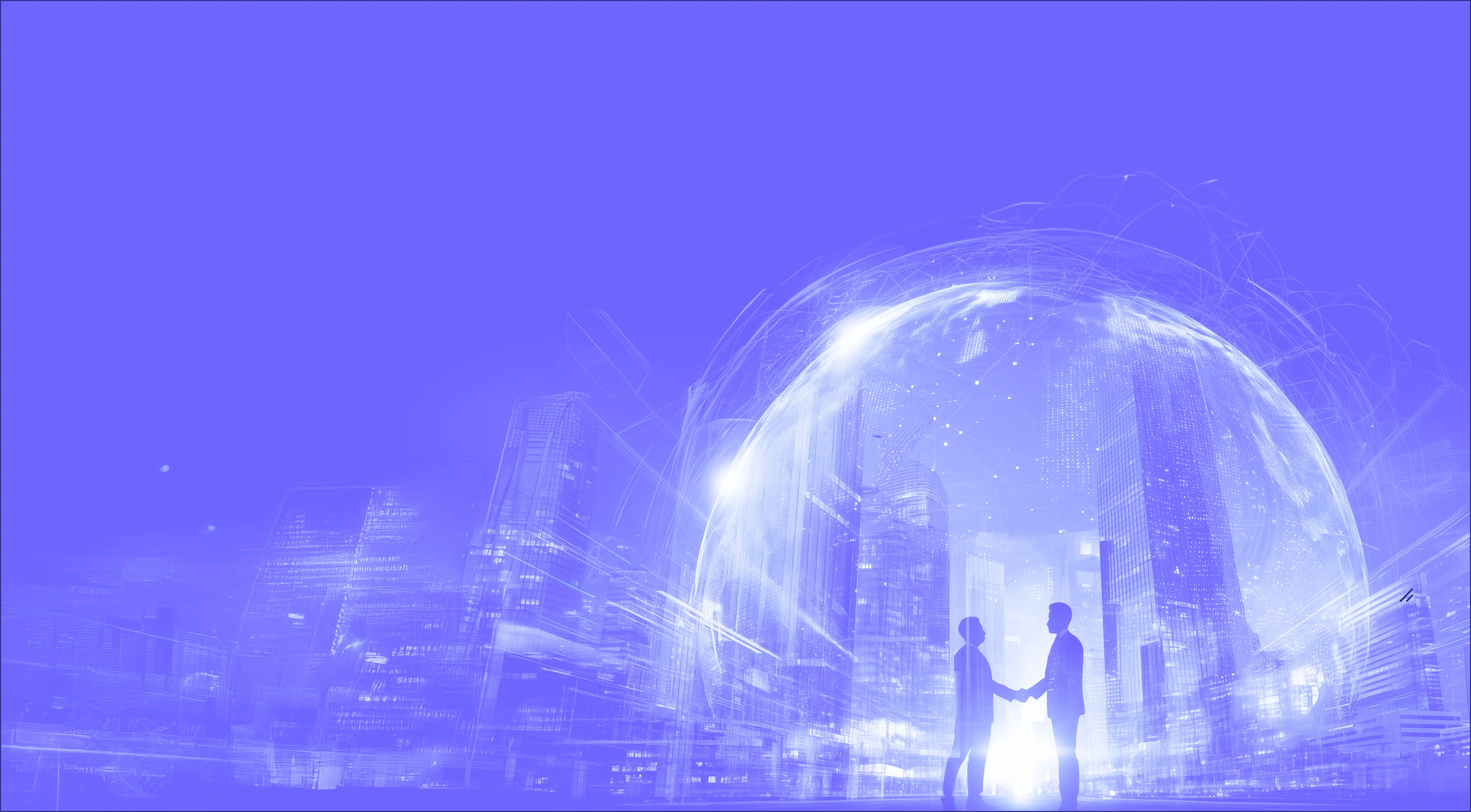 Silhouettes of two businesspeople shaking hands in a futuristic cityscape with a glowing digital sphere surrounding them.