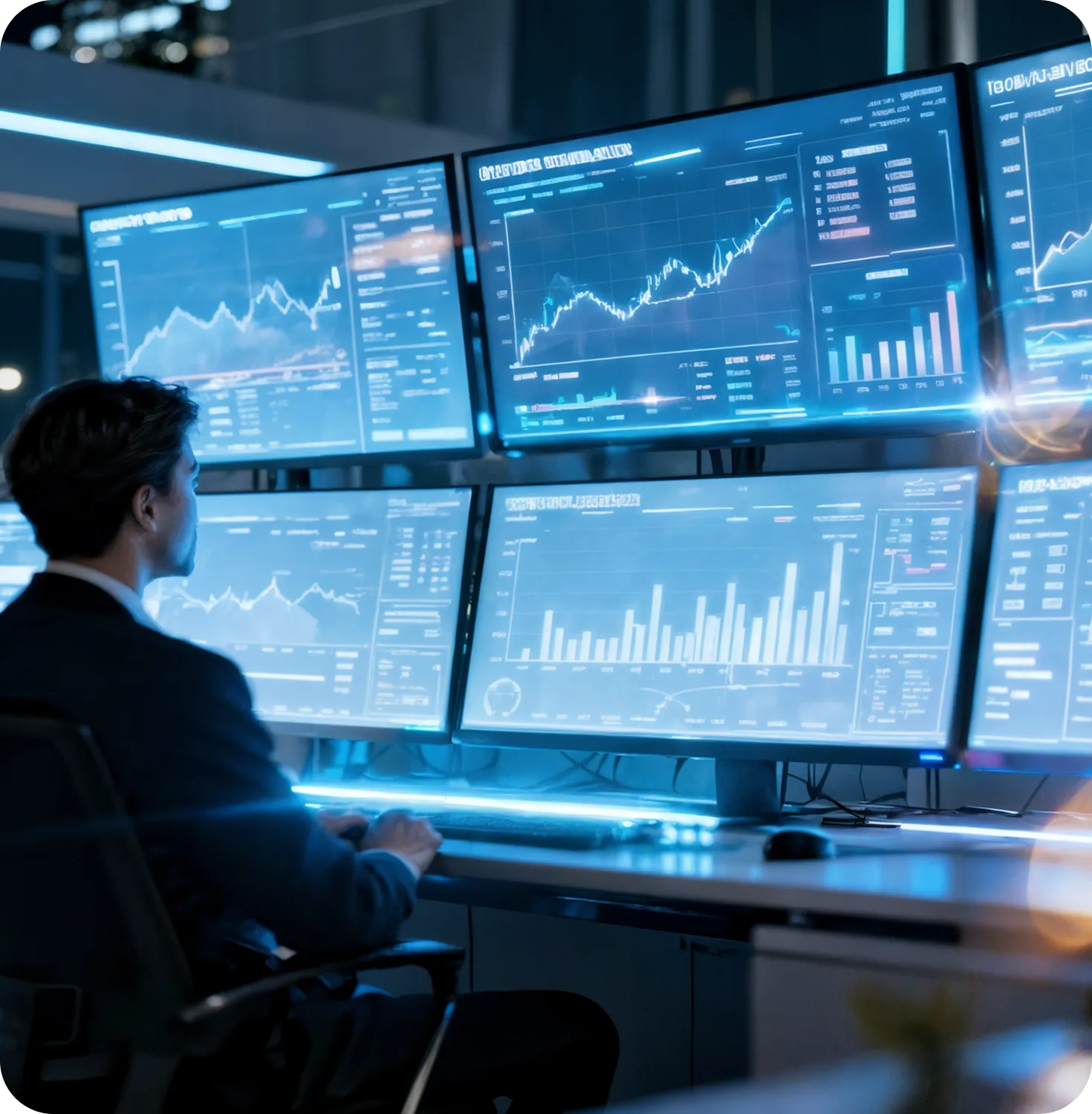 Man in a suit monitoring multiple financial charts and data on six large computer screens in a dark office.