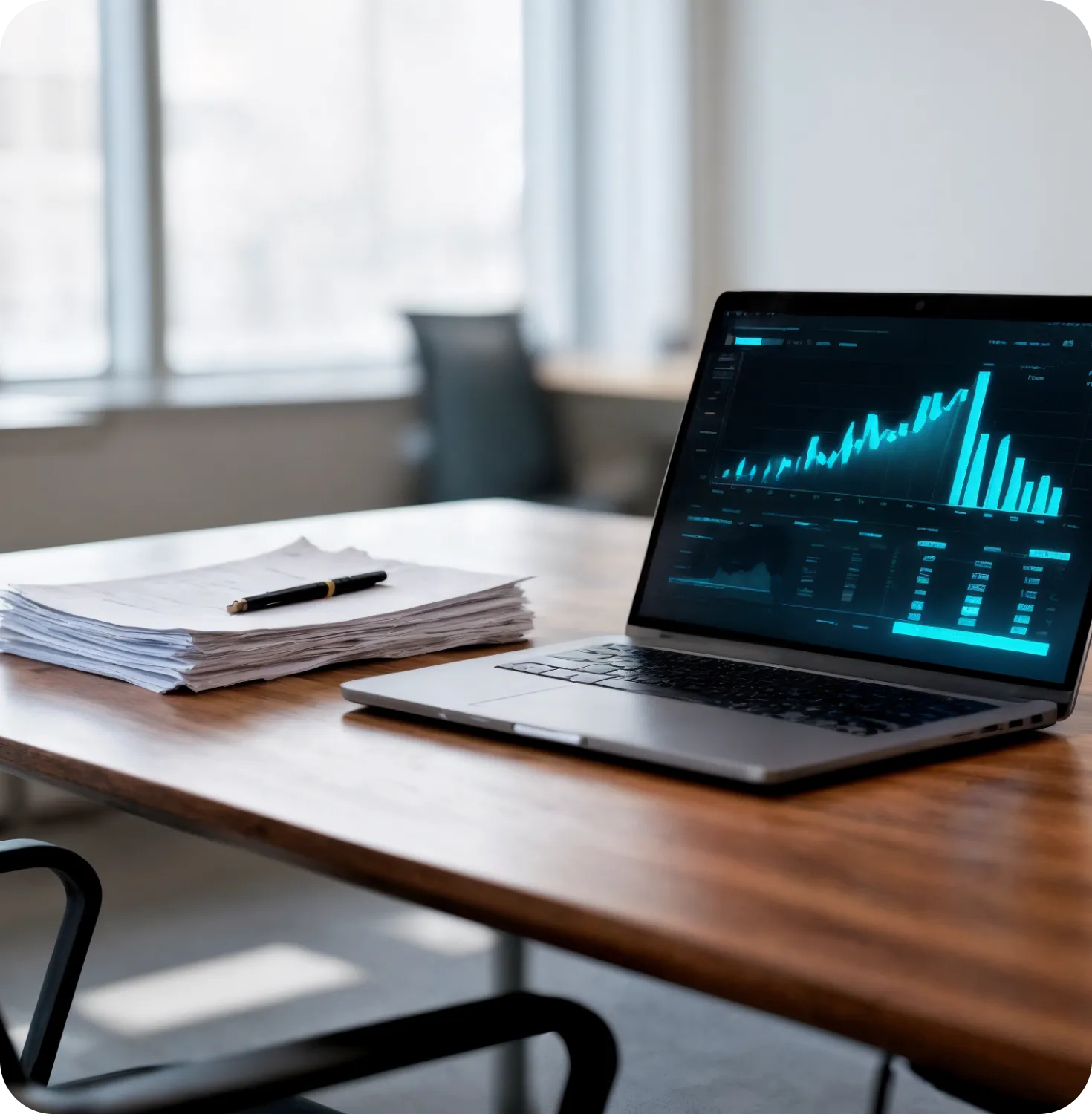 Laptop on a wooden desk displaying graphs and charts, next to a stack of papers with a pen on top in a bright office.