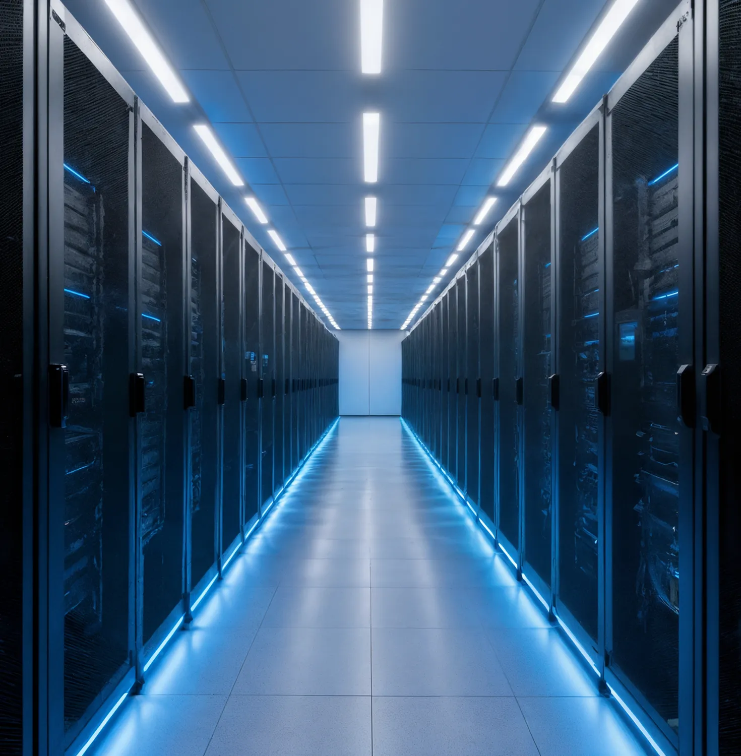 Long corridor of a modern data center with rows of server racks lit by blue LED lights.