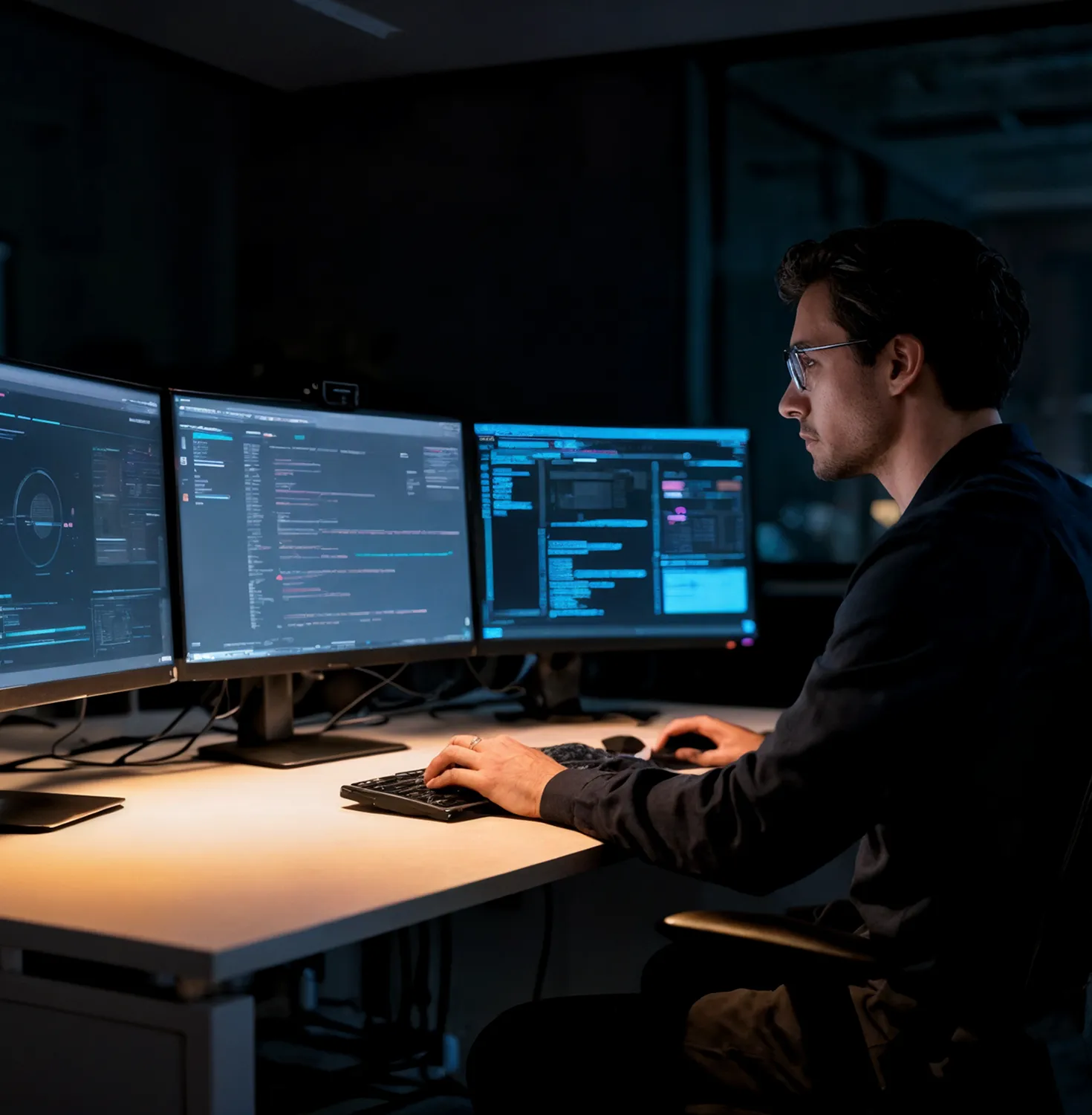 Man wearing glasses working on multiple computer monitors displaying code and data in a dark office.