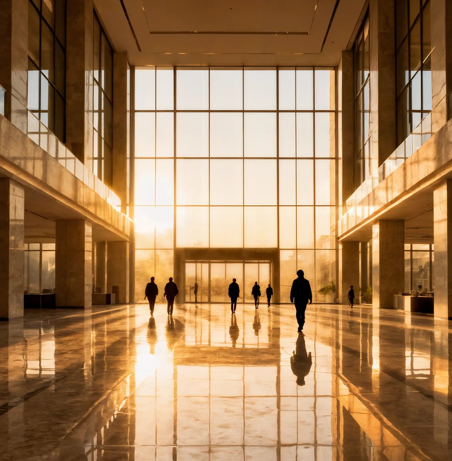 Silhouettes of people walking inside a spacious modern building with large glass windows reflecting warm sunlight.