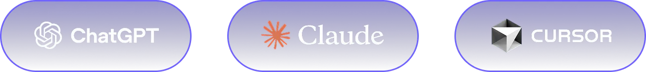 Three rounded rectangular buttons with dark blue backgrounds labeled ChatGPT, Claude, and Cursor, each with their respective logos.
