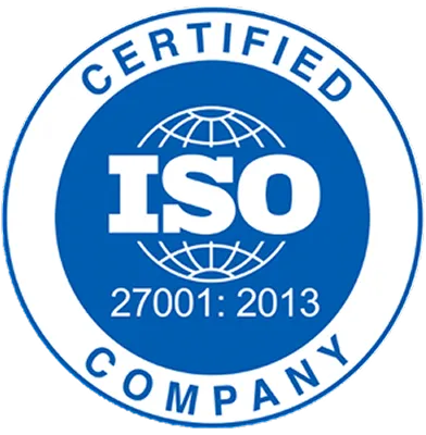 ISO 27001:2013 certified company badge with globe symbol in blue and white colors.