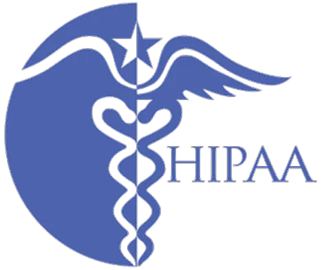 Blue HIPAA logo featuring a caduceus symbol with wings and a star on a shield background.