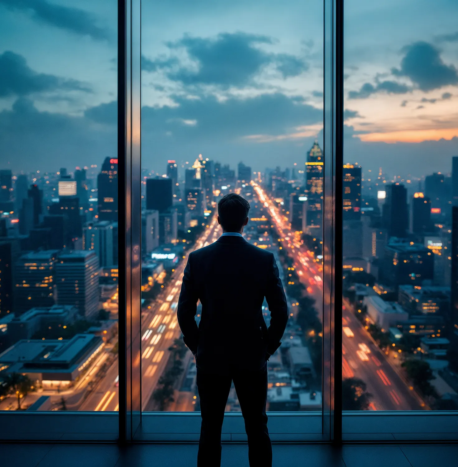 Silhouette of a man in a suit standing by a large window overlooking a cityscape with busy illuminated roads at dusk.
