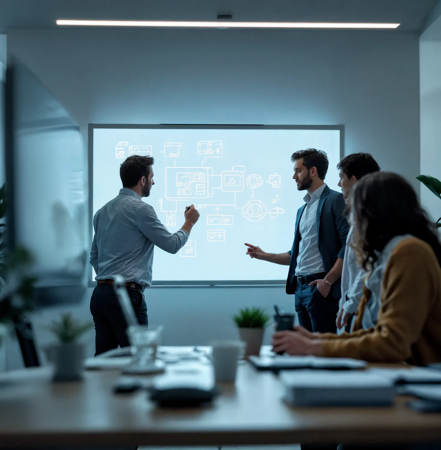 Four colleagues in an office discussing and drawing a technical diagram on a lighted whiteboard.