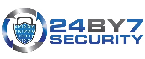 Logo with a digital shield surrounded by a metallic circular design next to text '24 BY 7 SECURITY'.