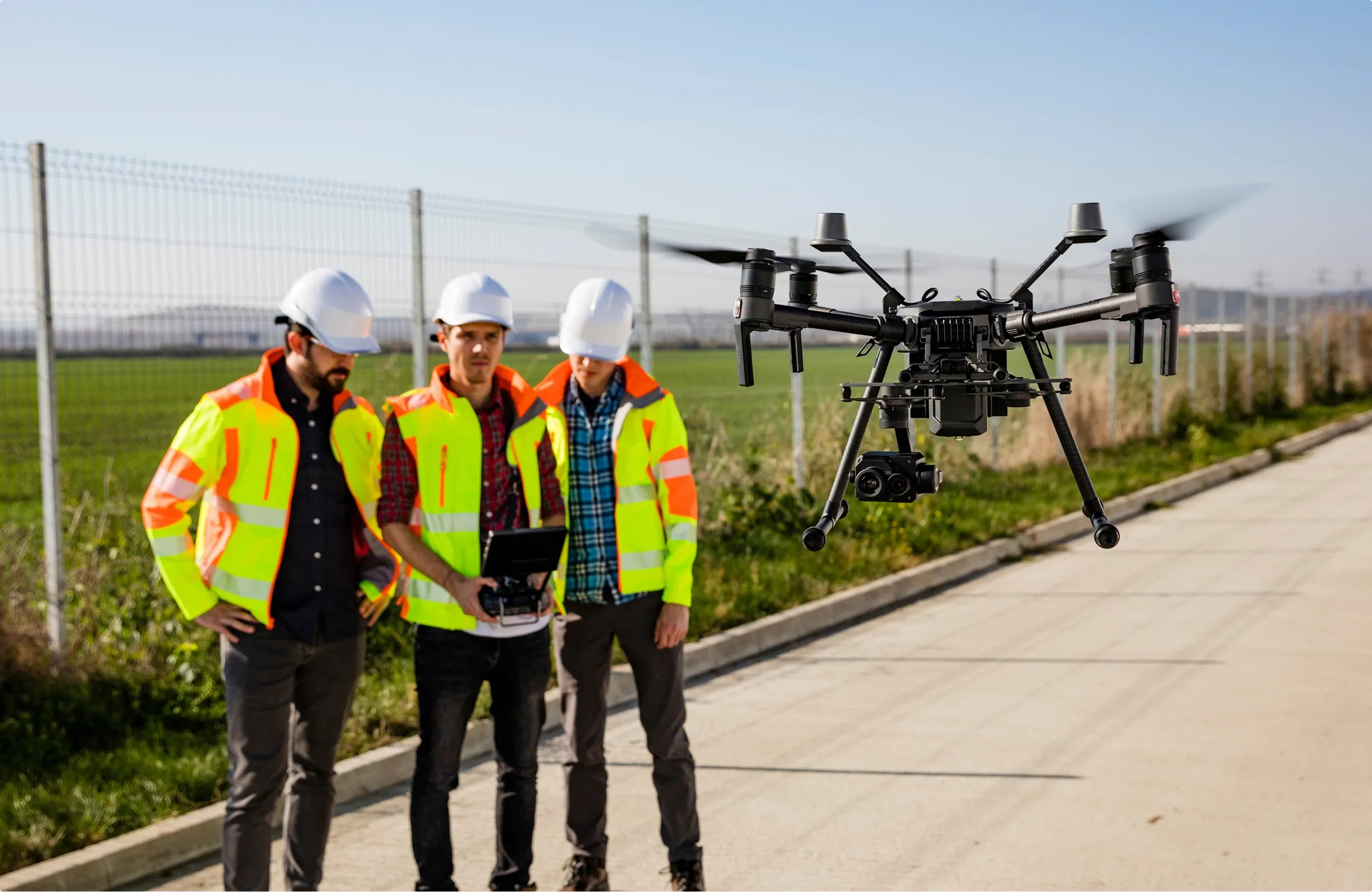 Drei Ingenieure mit Schutzhelmen und gelben Warnwesten steuern eine Drohne auf einem Betonweg neben einem eingezäunten Feld.