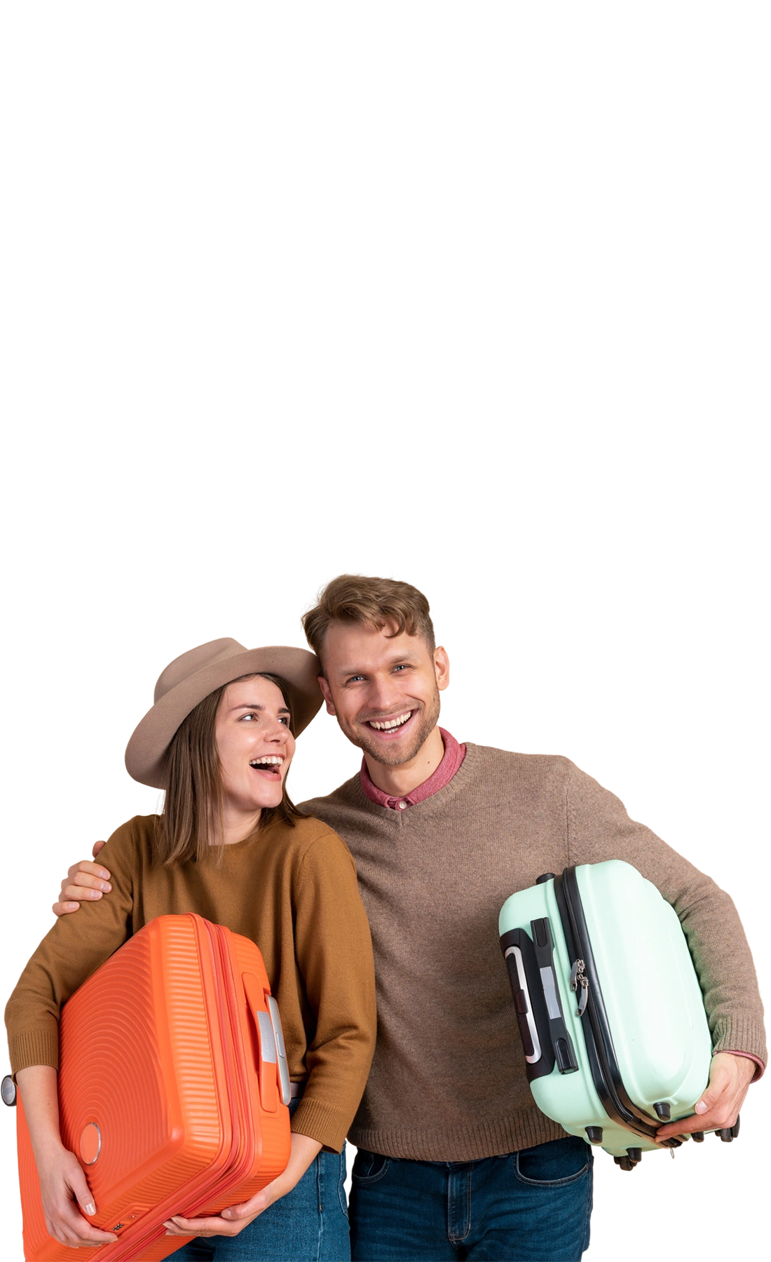 happy couple holding suitcases preparing to move to Australia together