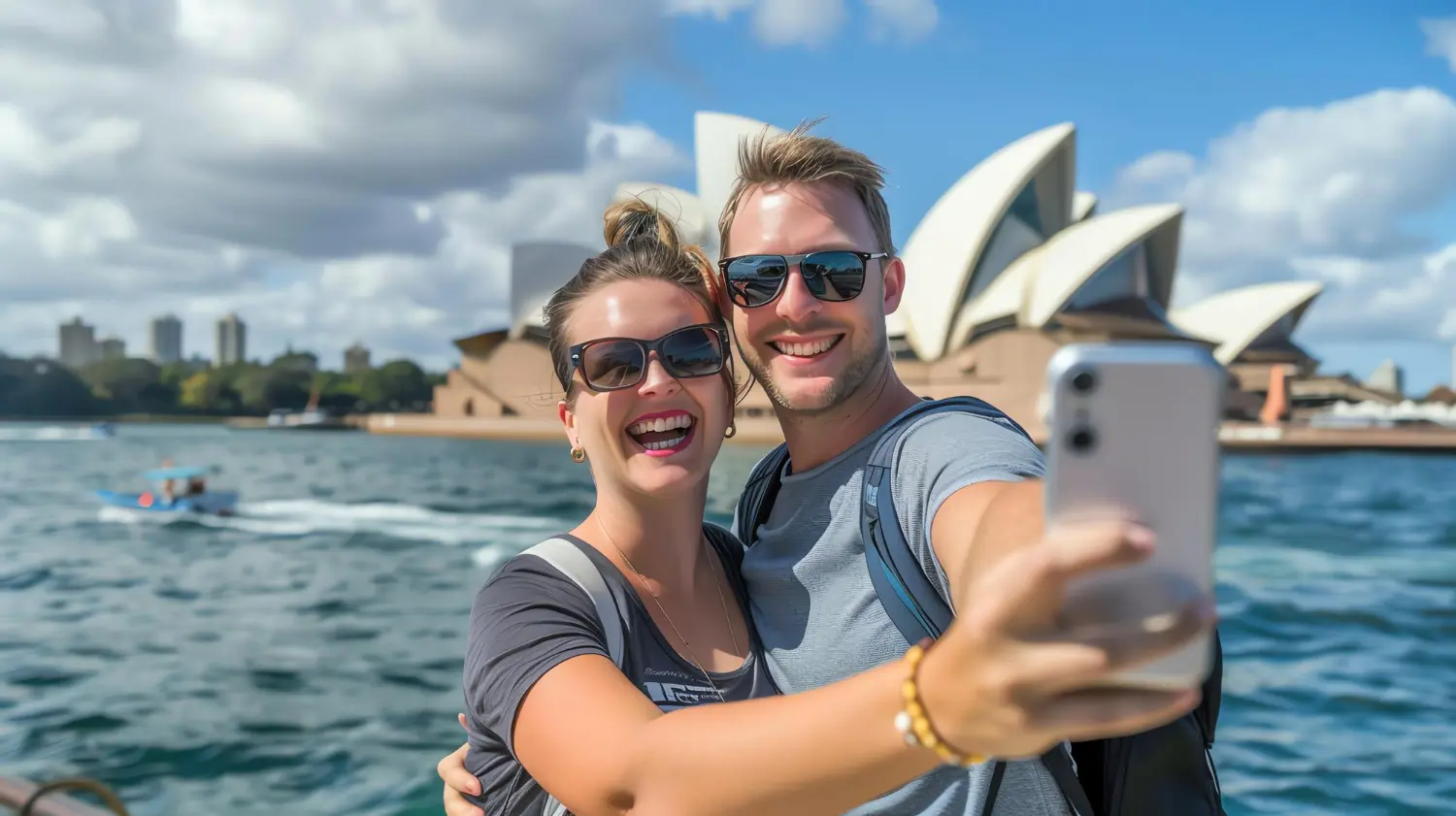 happy couple taking a selfie in front of the Sydney Opera House after receiving an Australian partner visa