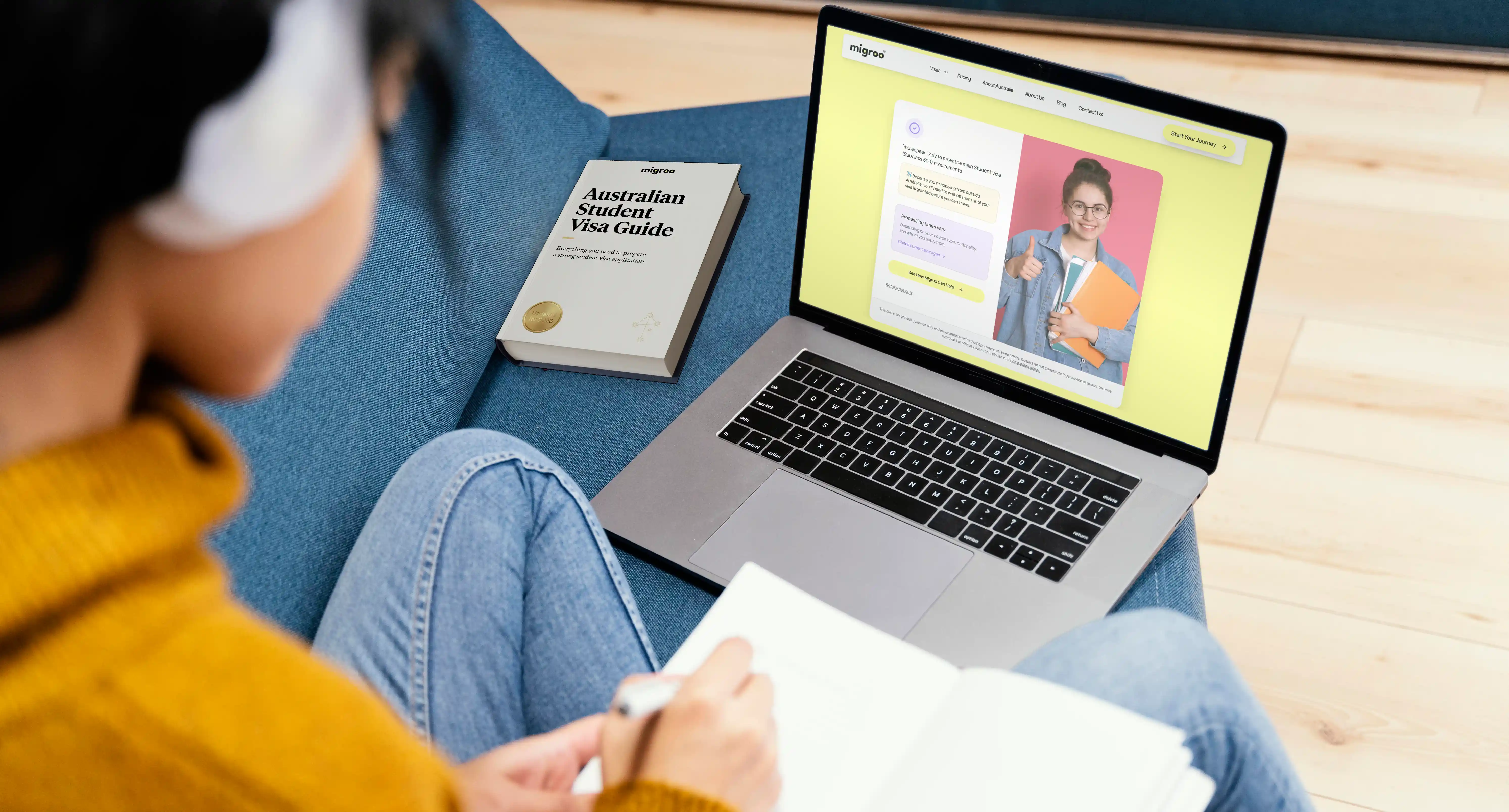 Student completing Australian student visa eligibility quiz online using Migroo platform