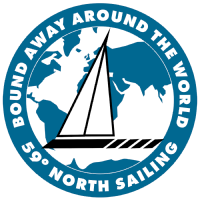 Sailing logo with a stylized sailboat over a world map, encircled by text reading 'Bound Away Around the World 59° North Sailing'.