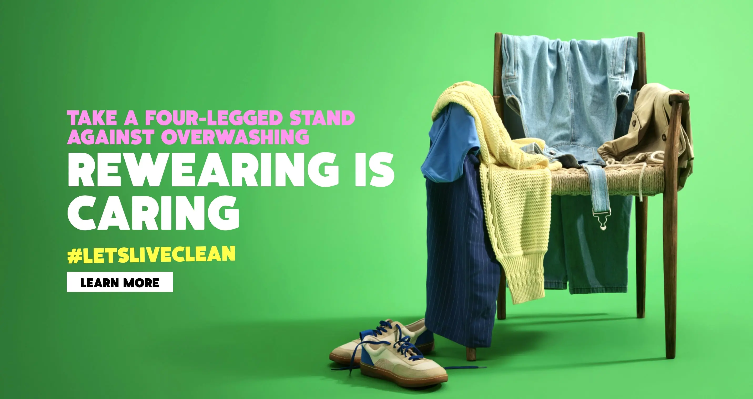 Wooden chair draped with various clothing items including jeans, a yellow sweater as a part of a campaign for Ecover (sustainable cleaning products) 