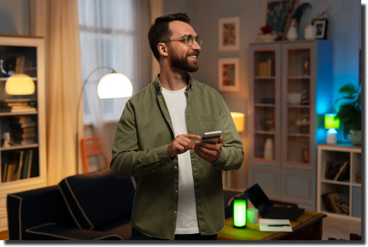 Front view man relaxing at home.