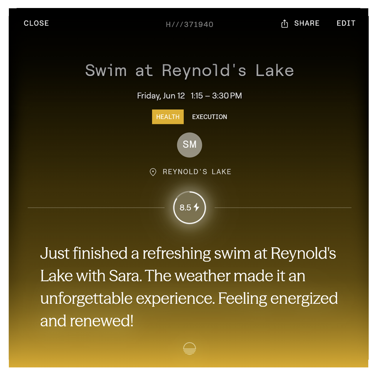 Activity log titled Swim at Reynold's Lake on Jun 12, describing a refreshing swim with Sara and feeling energized.