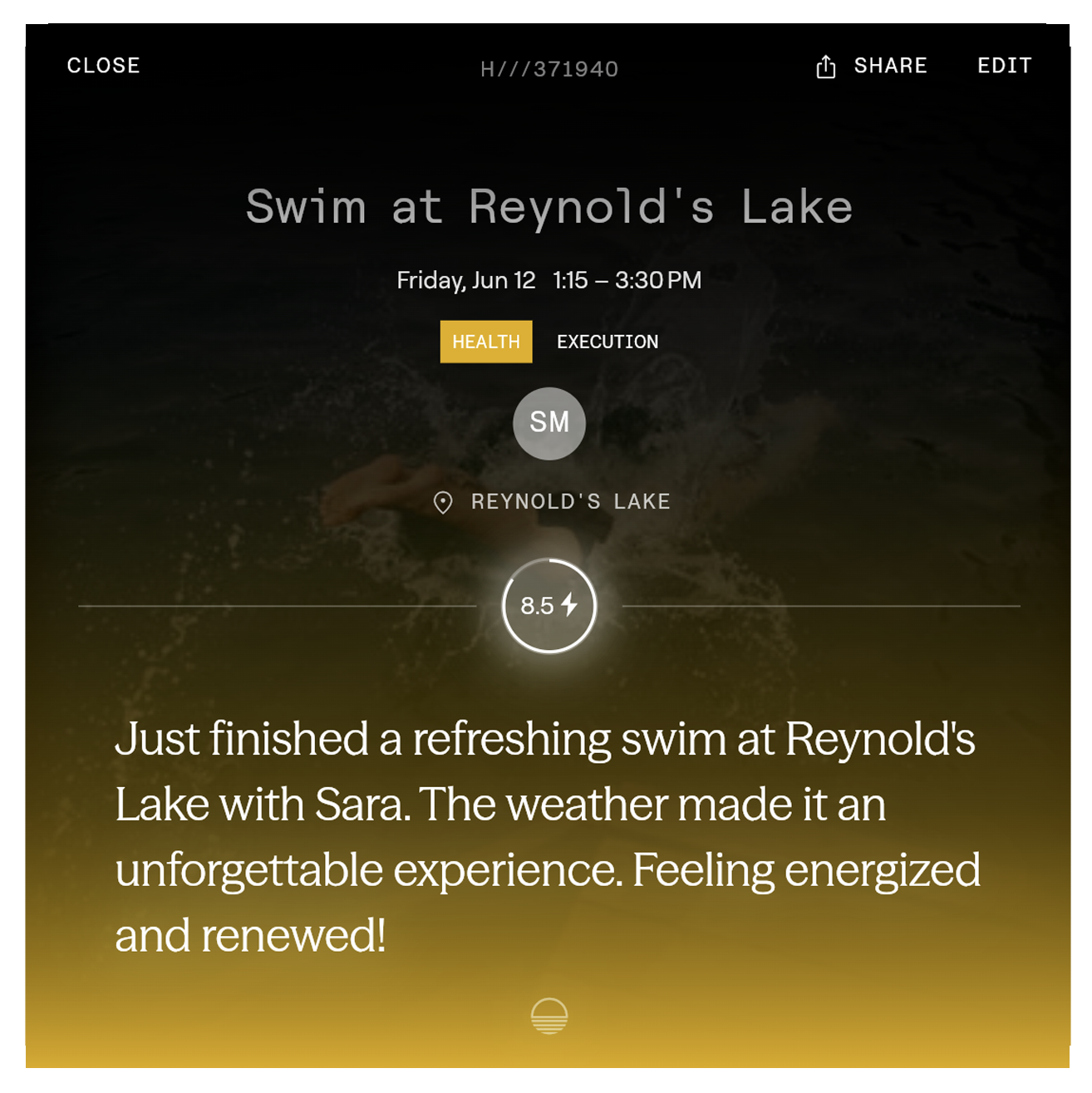 Screen showing a swim activity at Reynold's Lake with details and a positive note about the refreshing experience.