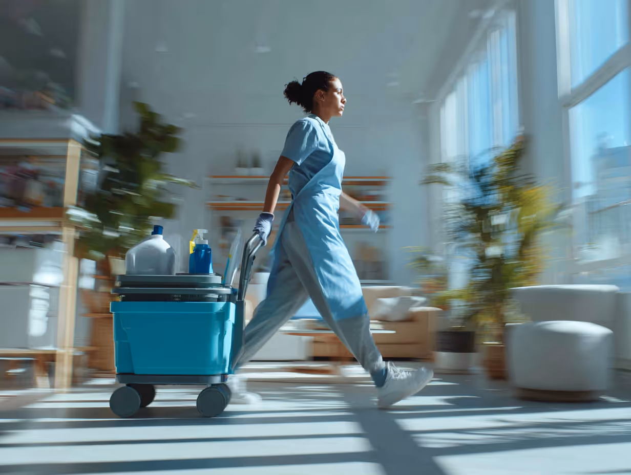 Femme de ménage en uniforme bleu clair avançant rapidement avec un chariot de produits d’entretien.