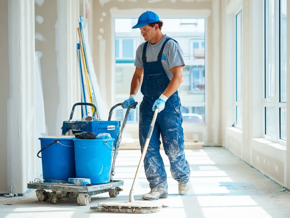 Ouvrier en bleu de travail nettoyant le sol d’un chantier avec un balai et un chariot de seaux bleus.