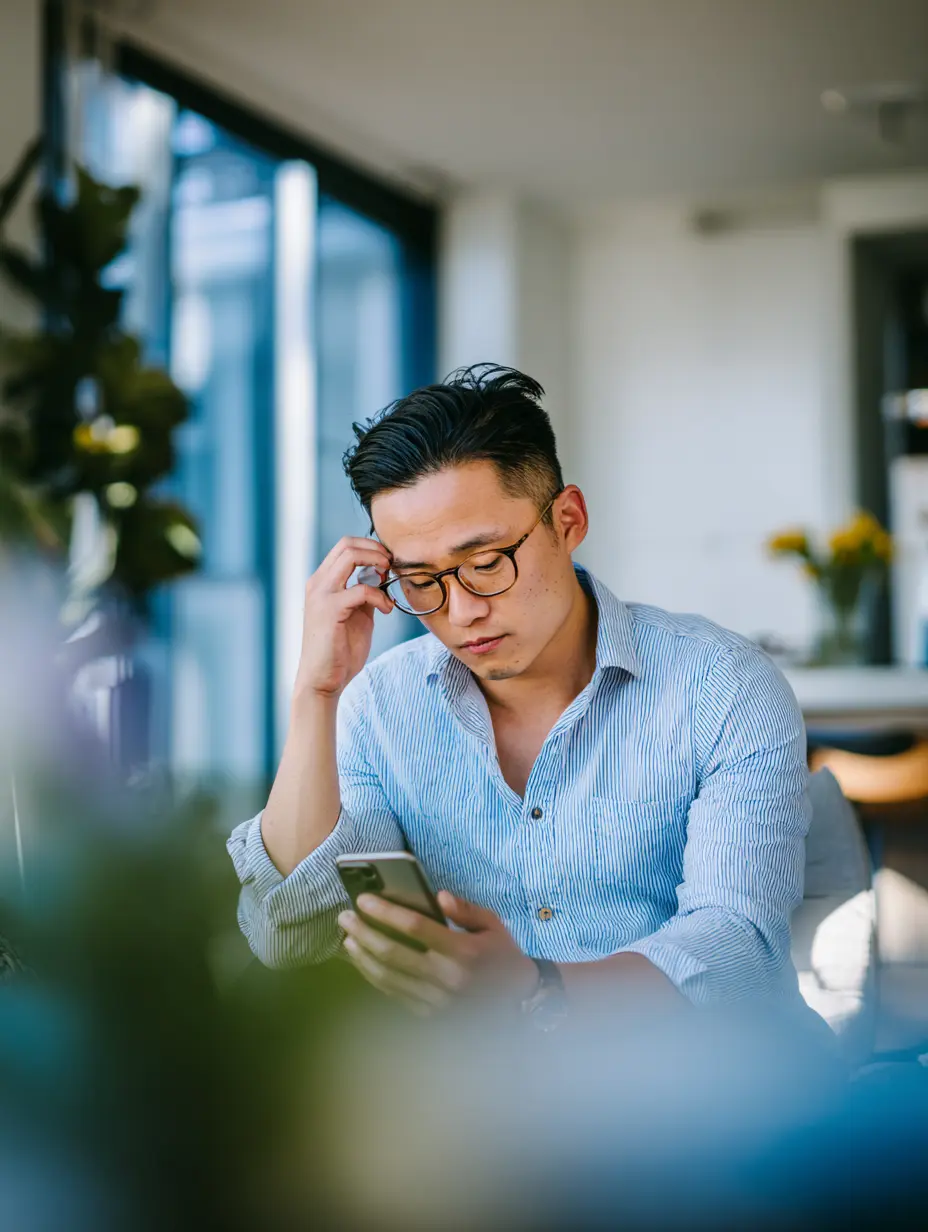 Homme assis avec lunettes, concentré sur son téléphone dans un intérieur lumineux.