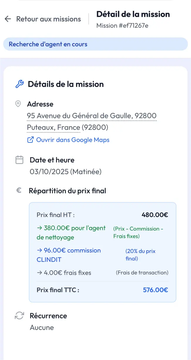 capture d'écran de l'application Clindit. Page détail mission