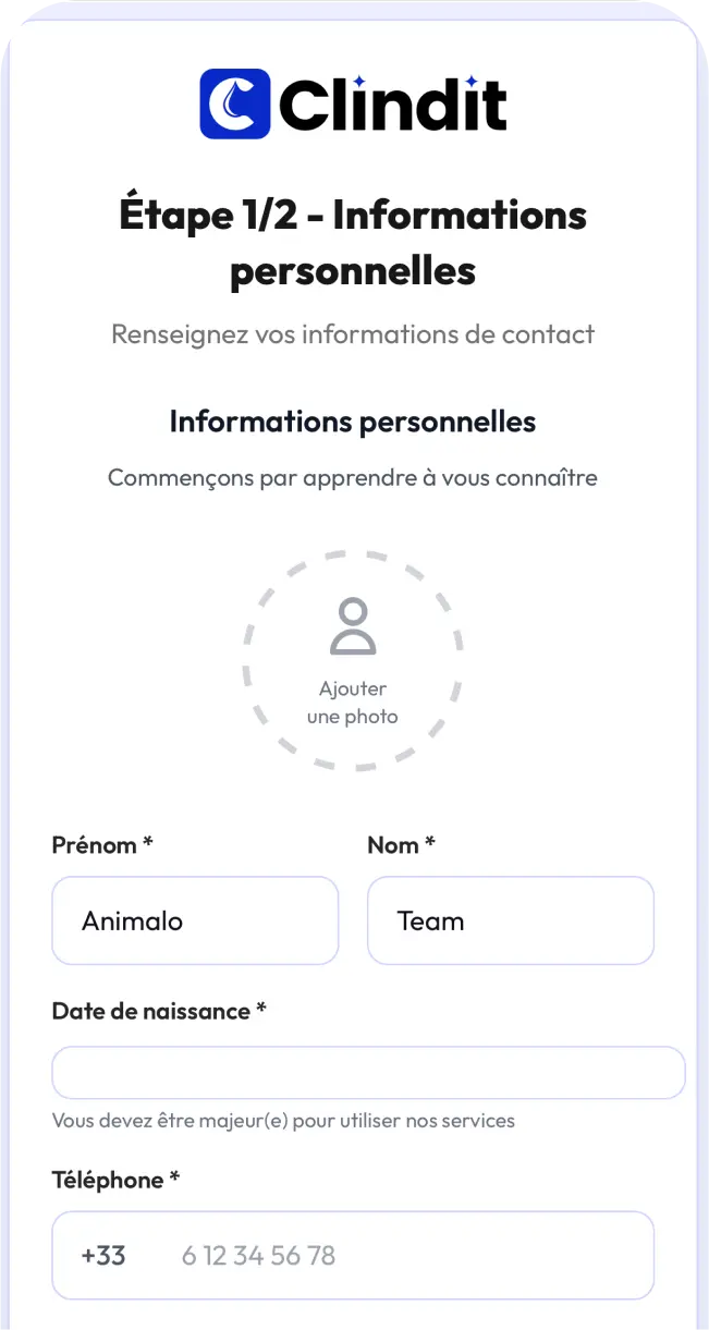 capture d'écran de l'application Clindit. Page compte